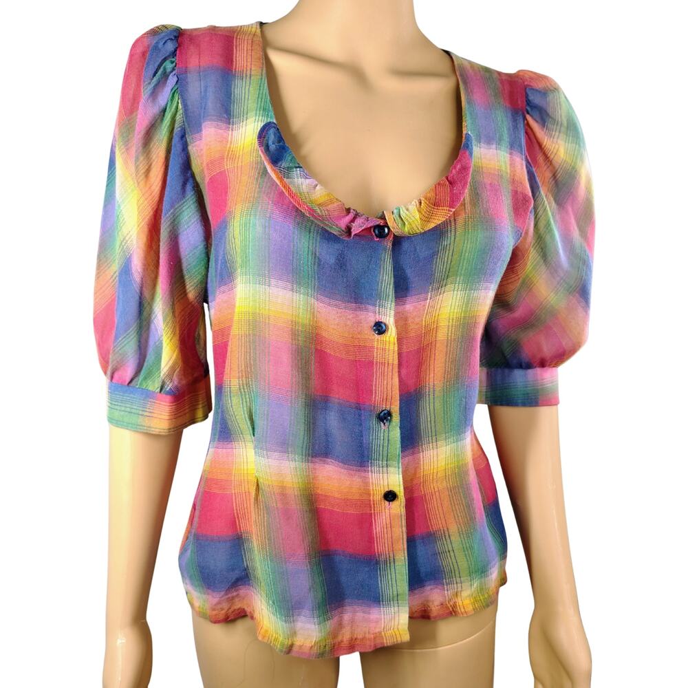 1970s Rainbow Plaid Puffy Sleeve Button Up Blouse Size 11 Juniors Low Neckline